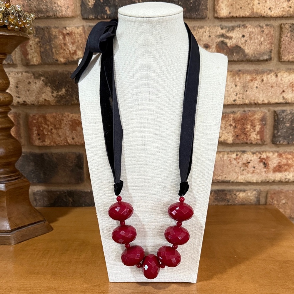 Red Beaded Statement Necklace with velvet tie closure